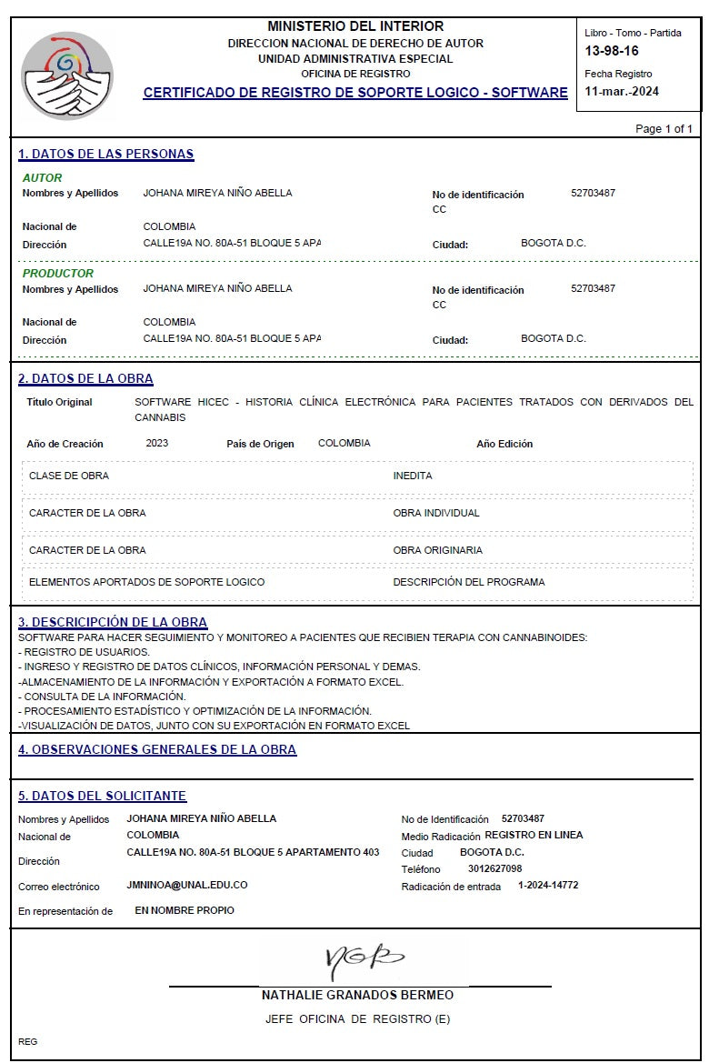 Aplicativo en Telemedicina HiCEC (Historia Clínica Electrónica para pacientes tratados con derivados del Cannabis)